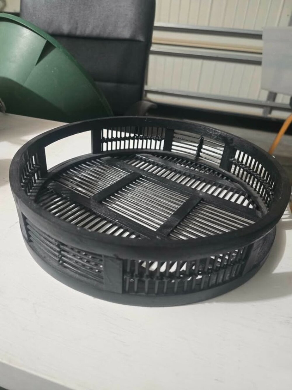 Black Round Wooden Slatted Decorative Tray with Handles